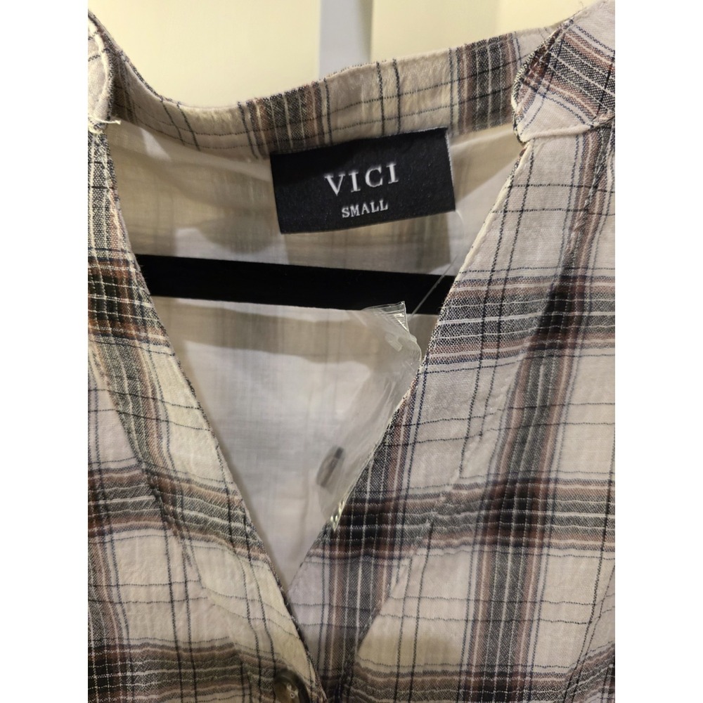 Crinkle Cotton Plaid Babydoll Midi Dress S Brown/White Boho Beachy NWOT - Picture 2 of 16